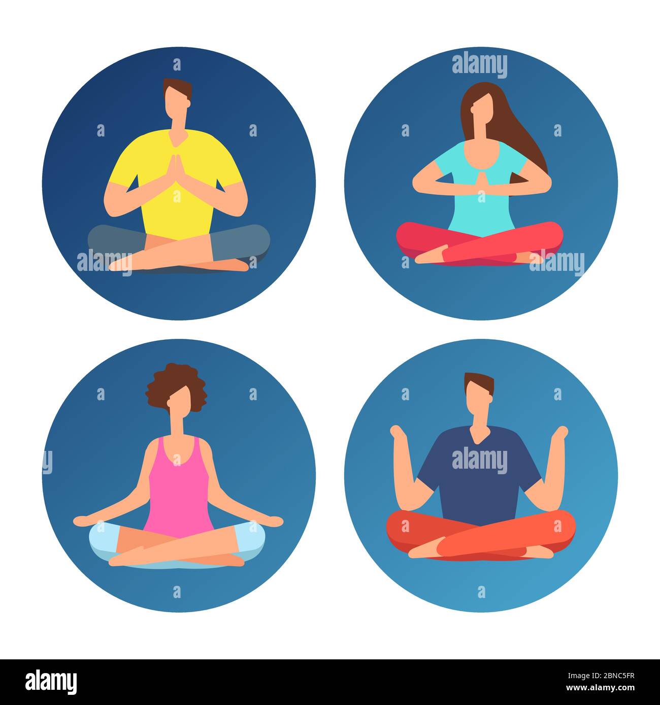Icone con la gente di meditazione in posizione di loto isolato su bianco. Illustrazione vettoriale Illustrazione Vettoriale