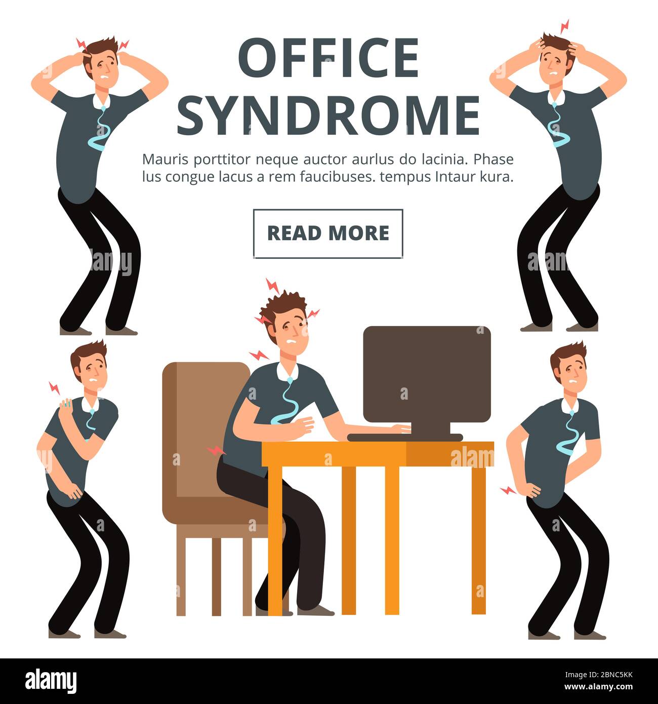 Sintomi della sindrome di Office dell'illustrazione del vettore di set. Sindrome dolore corporeo esercizio Illustrazione Vettoriale