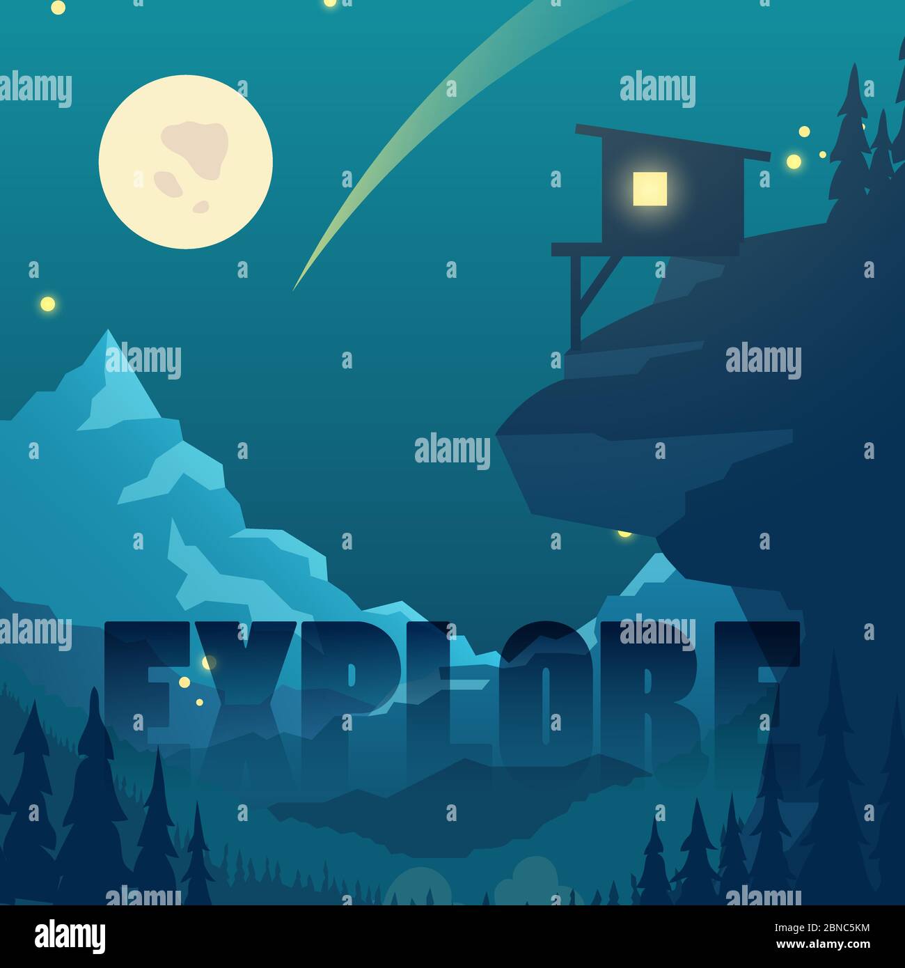 Paesaggio di montagna vettoriale notte con luna, stelle e silhouette di casa di montagna. Paesaggio all'aperto, casa in montagna sulla luna luce illustrazione Illustrazione Vettoriale