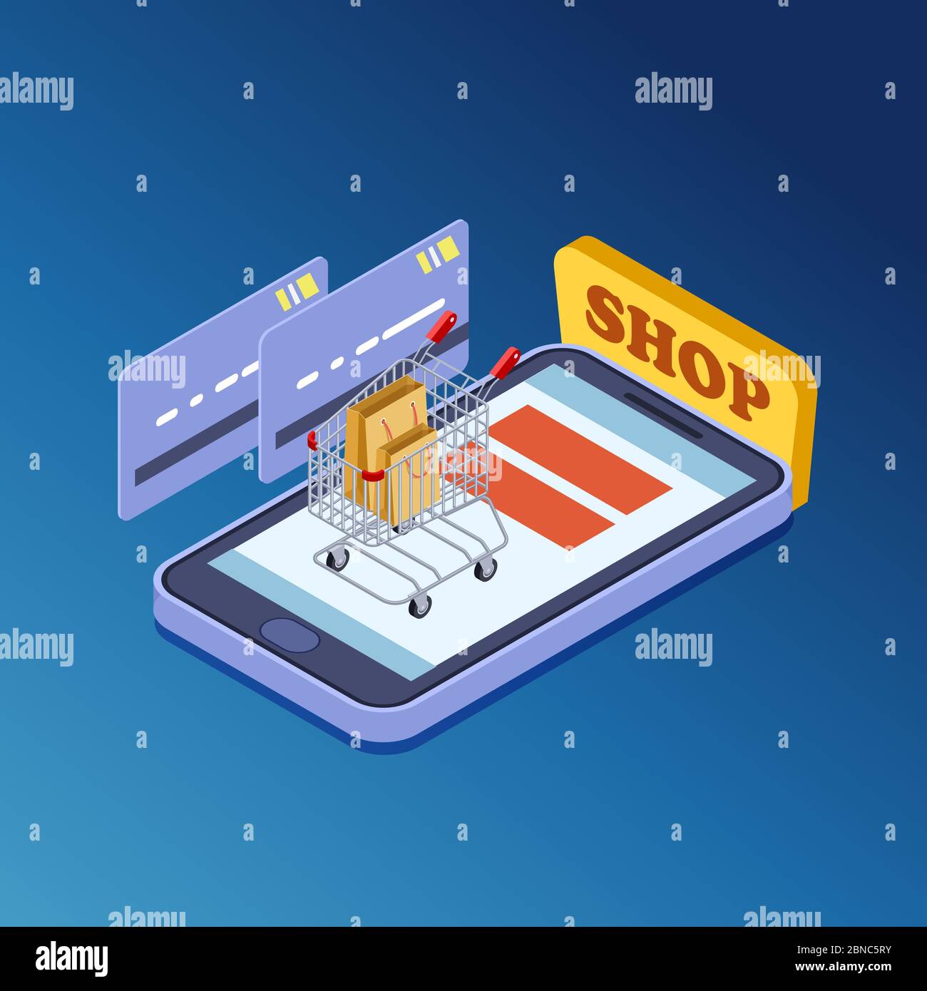 Shopping online, e-commerce concetto vettoriale isometrico. Illustrazione di un negozio mobile o di un negozio Illustrazione Vettoriale