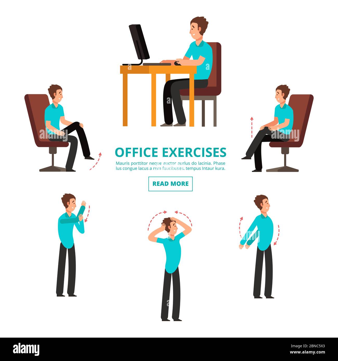 Informazioni sugli esercizi di Office dell'illustrazione del vettore di set. Esercizio fisico, stretching e tensione per la salute Illustrazione Vettoriale
