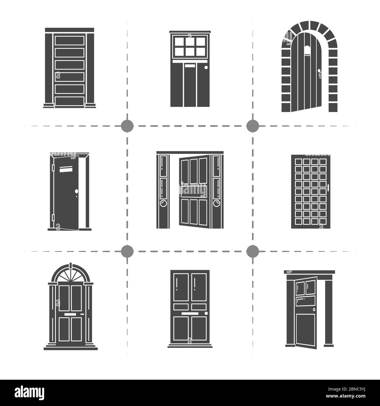 Sagome delle porte aperte e chiuse icone vettoriali isolate su un'illustrazione bianca Illustrazione Vettoriale