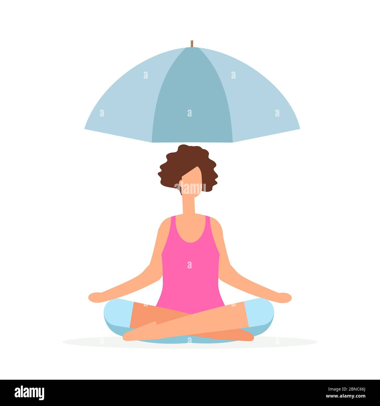 La meditazione salva la ragazza dal concetto vettoriale problemi. La ragazza medita sotto l'ombrello isolato su bianco Illustrazione Vettoriale