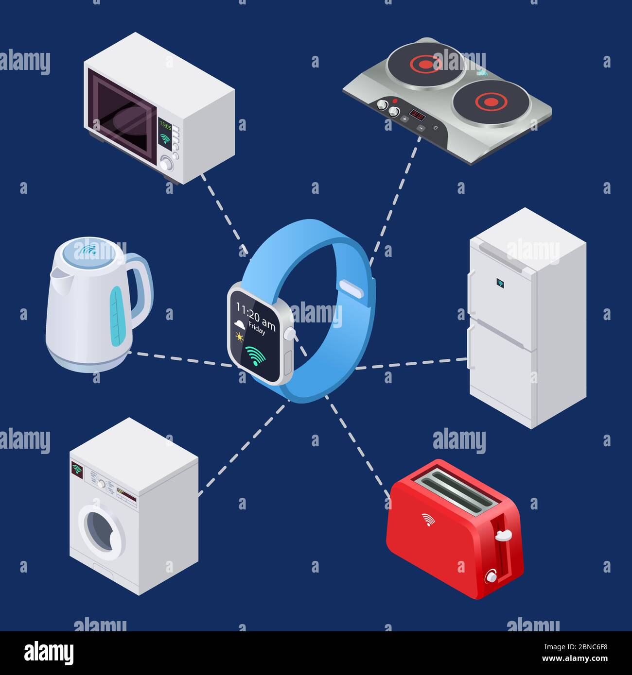 Sistema domestico intelligente con orologio intelligente e elementi isometrici per le apparecchiature domestiche. Immagine del controllo del sistema della casa con Smart Watch Illustrazione Vettoriale