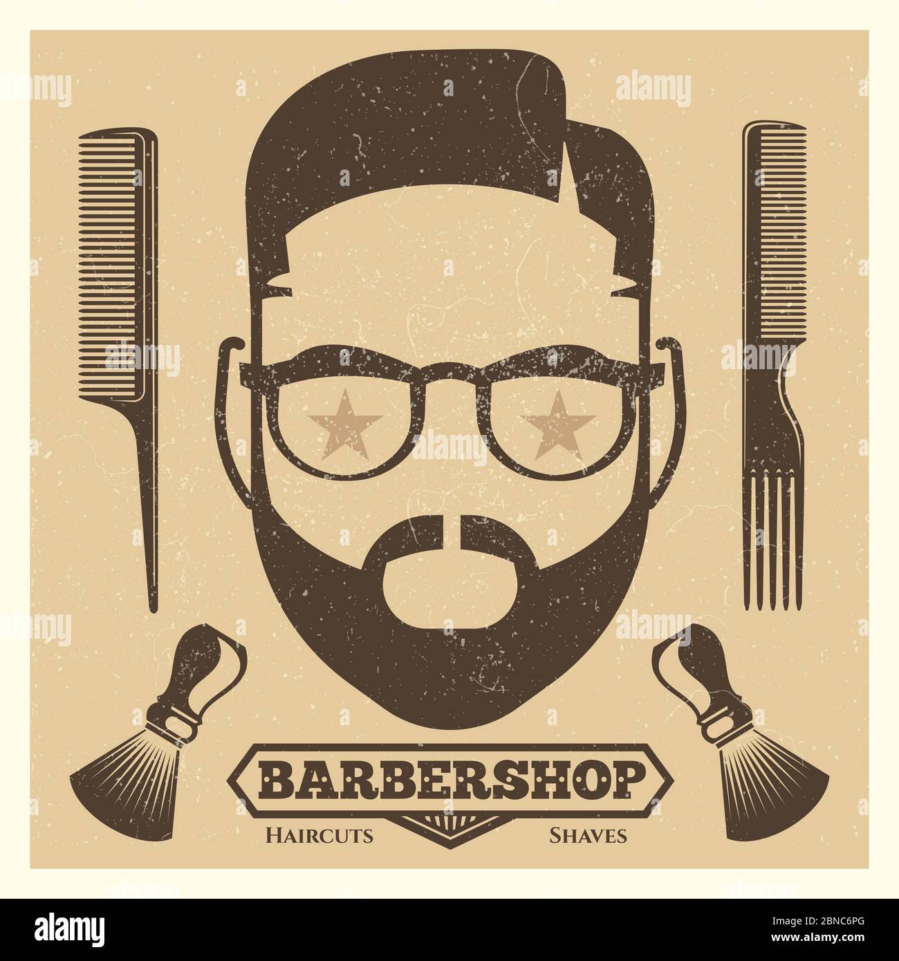 Modello poster barbiere vintage. Stampa hipster di moda o sfondo con illustrazione della testa maschile Illustrazione Vettoriale