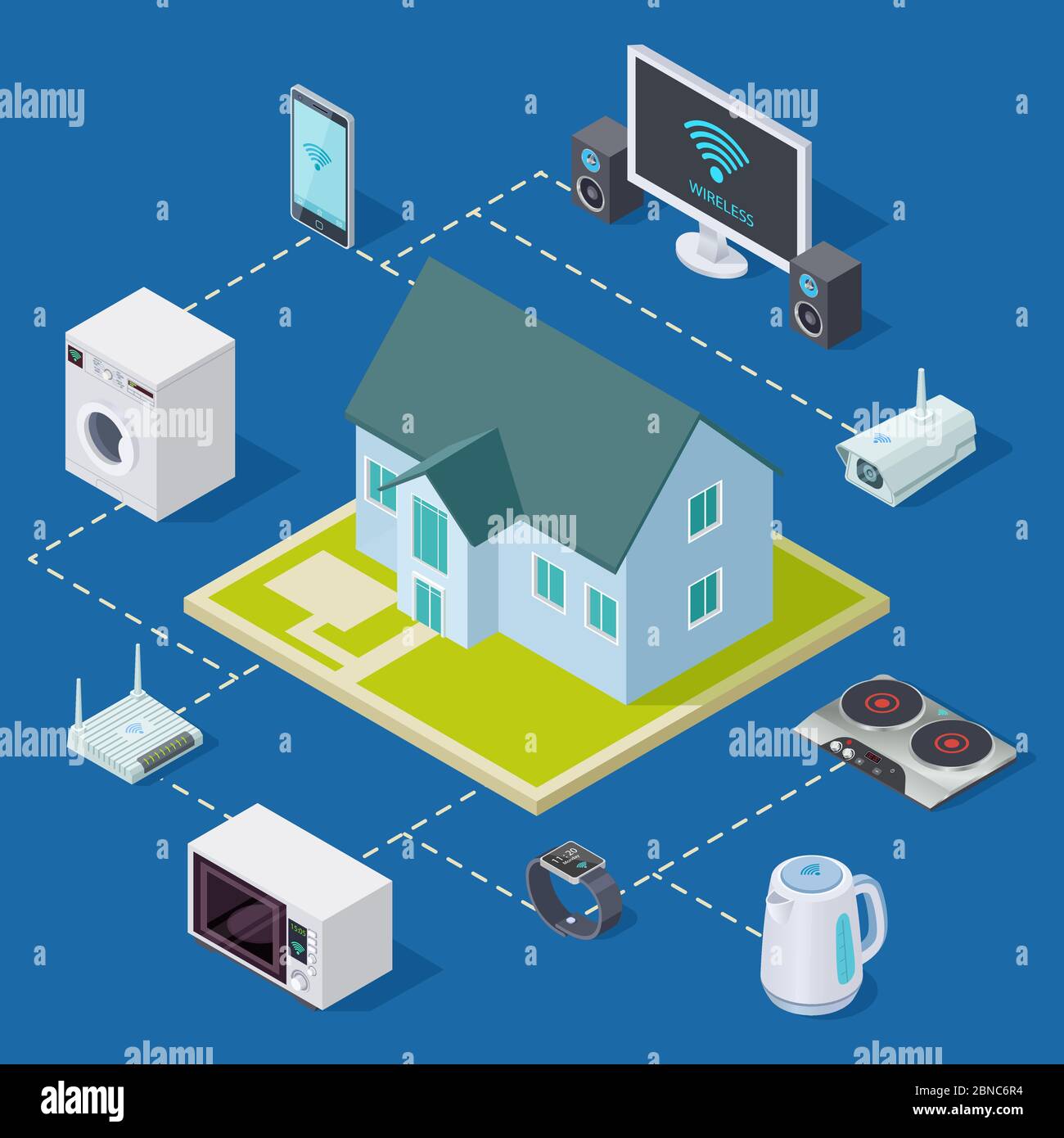 Concetto vettoriale casa intelligente con apparecchiature isometriche per la casa e la casa. Illustrazione di una casa intelligente isometrica e per l'attrezzatura Illustrazione Vettoriale