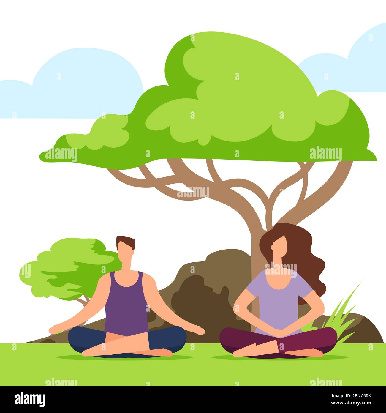 Meditazione di coppia nel parco. Ragazza e ragazzo che fanno yoga sulla natura. Meditazione yoga donna e uomo, posa sana loto due illustrazione Illustrazione Vettoriale