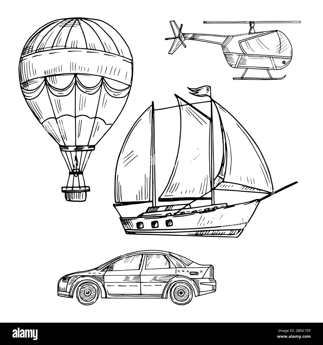 Disegno stile Doodle vettore di trasporto terrestre, aereo e marittimo immagine isolato su bianco Illustrazione Vettoriale