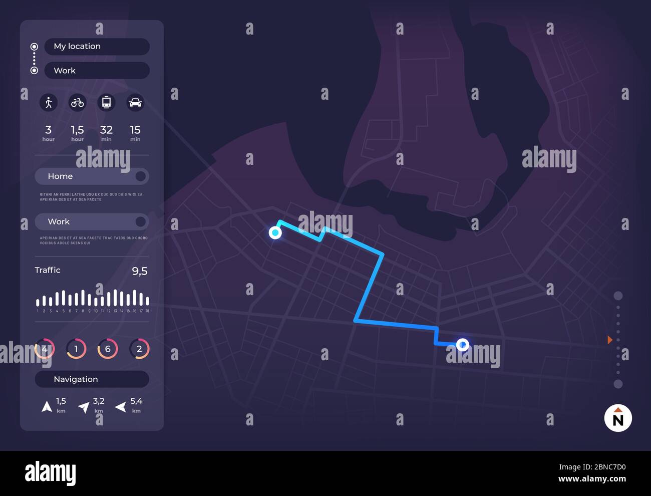 Mappa di navigazione. Interfaccia mobile GPS con percorso sulla strada della città e pin di posizione. interfaccia utente vettore di traccia roadmap app. Navigazione strada città, città gps percorso illustrazione Illustrazione Vettoriale
