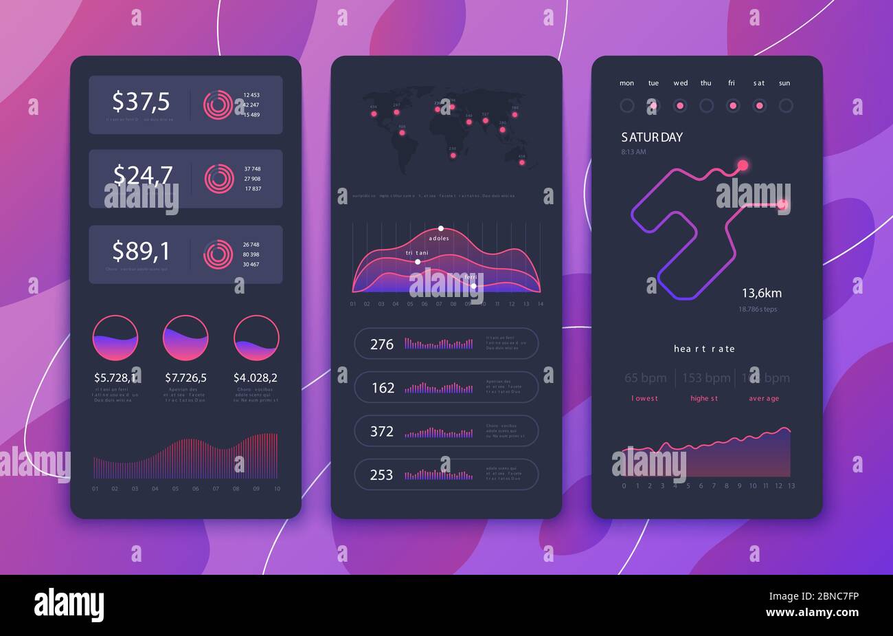 interfaccia utente dell'app fitness. Dashboard del telefono con carte, diagrammi e mappe di navigazione. L'applicazione per smartphone consente di visualizzare la progettazione vettoriale. Smartphone di navigazione Sport RUN, interfaccia utente, illustrazione calendario cruscotto Illustrazione Vettoriale