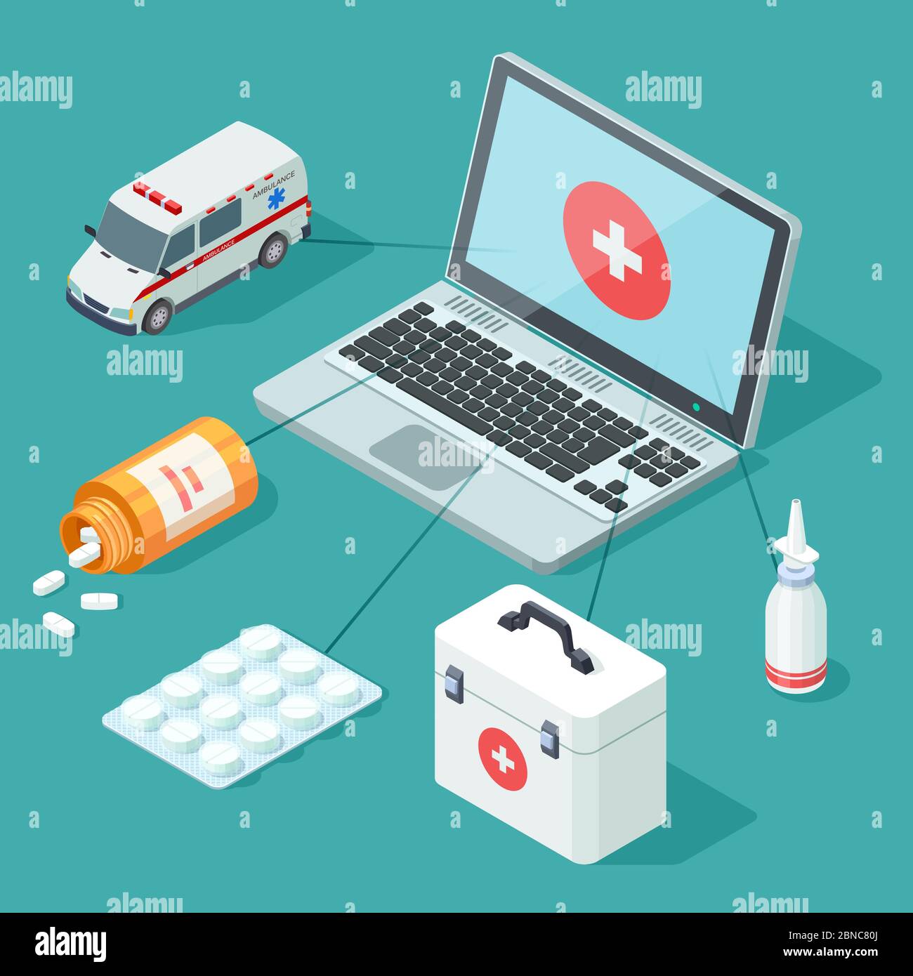 Online medicina info 3d concetto isometrico. Medico, illustrazione vettoriale di primo soccorso isolato Illustrazione Vettoriale