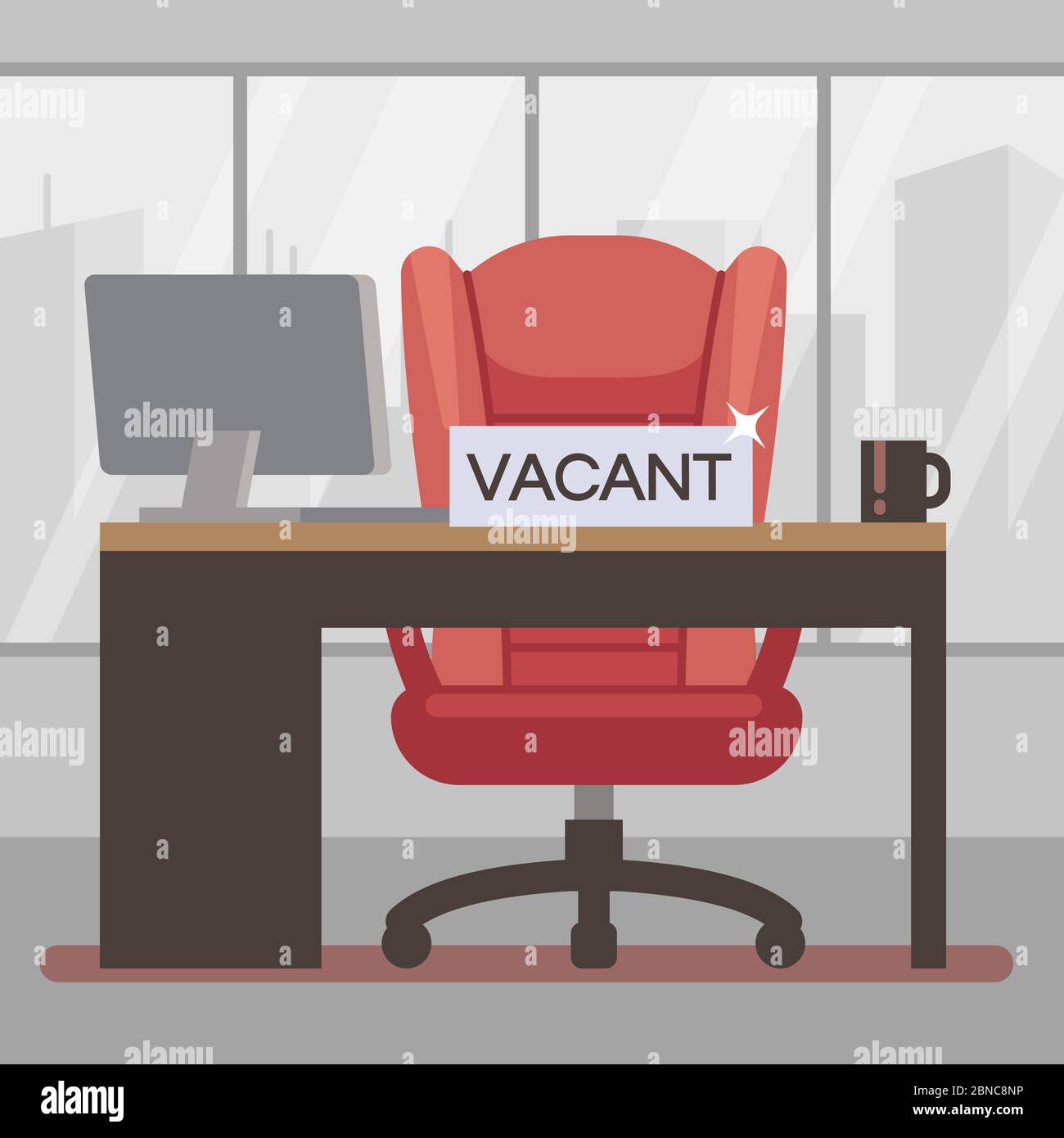 Illustrazione vettoriale piatta per ambienti di lavoro vuoti. Capo ufficio con grande sedia da lavoro - assumere concept design Illustrazione Vettoriale