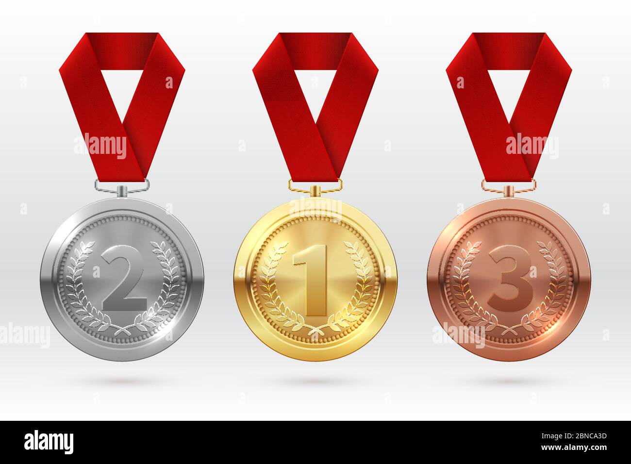 Medaglie sportive. Medaglia di bronzo dorato con nastro rosso. Vincitore del premio Honor Vector Isolated Template. Illustrazione del trofeo di campionato, medaglia campione di set Illustrazione Vettoriale