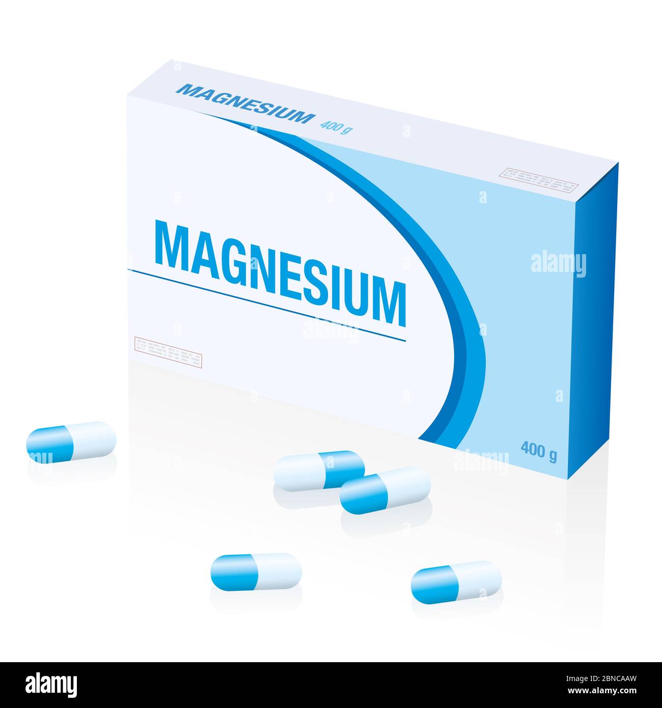 Magnesio supplemento pills box, un prodotto medico falso - illustrazione su sfondo bianco. Foto Stock