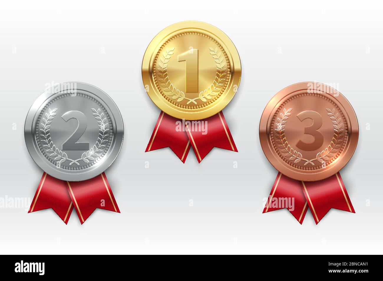 Medaglie oro bronzo argento. Medaglia di metallo del vincitore del Champion Award. Rispettare i badge insieme di vettori isolati realistici. Medaglia di bronzo, silve e oro per l'illustrazione del premio del campionato Illustrazione Vettoriale