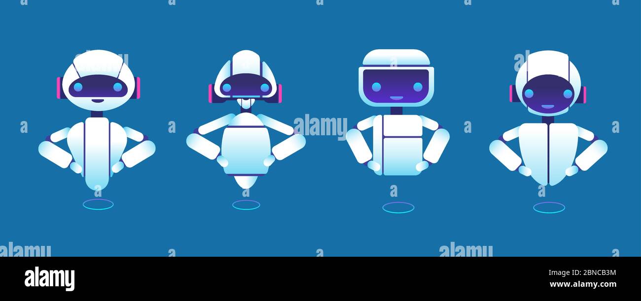 Chatbot carini. Assistente robot, bot chatter, personaggi vettoriali chatbot helper. Illustrazione di robot e chatterbot, assistente chatbot Illustrazione Vettoriale