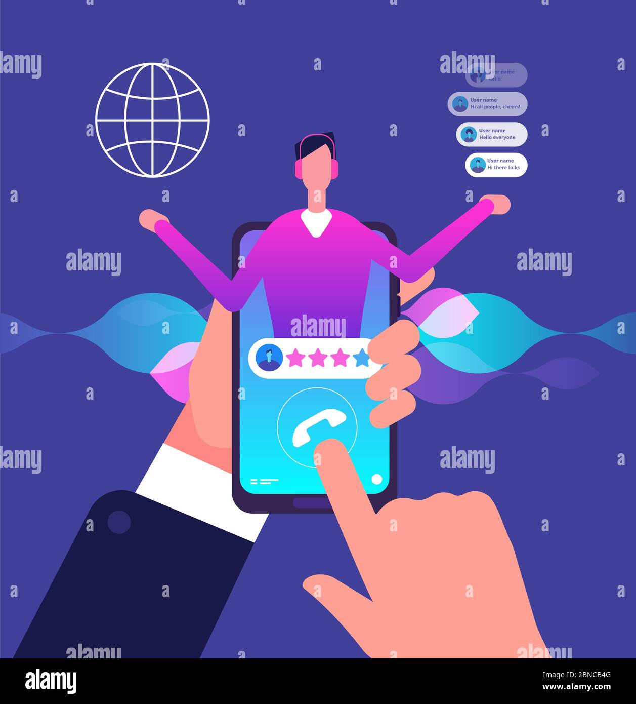 Assistente virtuale. Assistenza tecnica online per l'operatore clienti. L'operatore della linea telefonica MAN assiste il cliente. Informazioni sul vettore di assistenza online. Illustrazione dell'operatore in linea, assistenza e utile Illustrazione Vettoriale