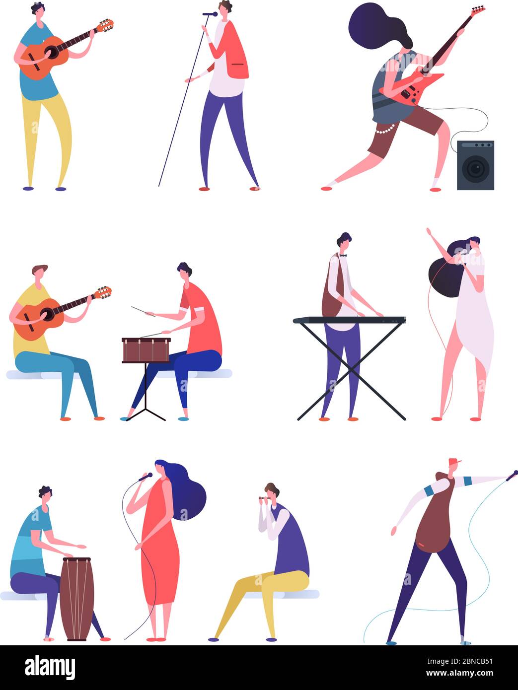 Musicisti set. Persone che eseguono musica rock. Artista con strumenti musicali e cantanti. Caratteri vettoriali del cartone animato isolati. Illustrazione dello strumento musicista, della gente della band di performance Illustrazione Vettoriale
