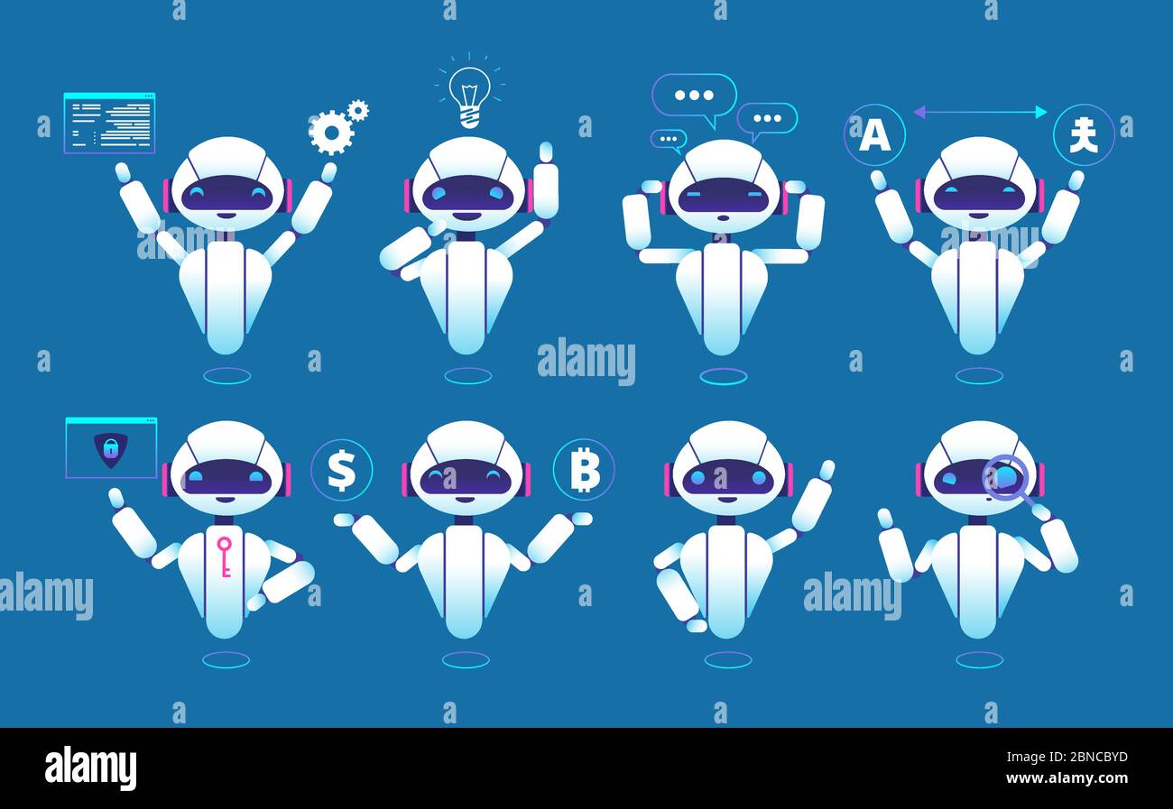 Carattere chatbot. Robot carino robot chat online in diverse posizioni. Set isolato vettoriale Chatterbot. Robot virtuale e chatterbot, illustrazione del servizio online chatbot Illustrazione Vettoriale