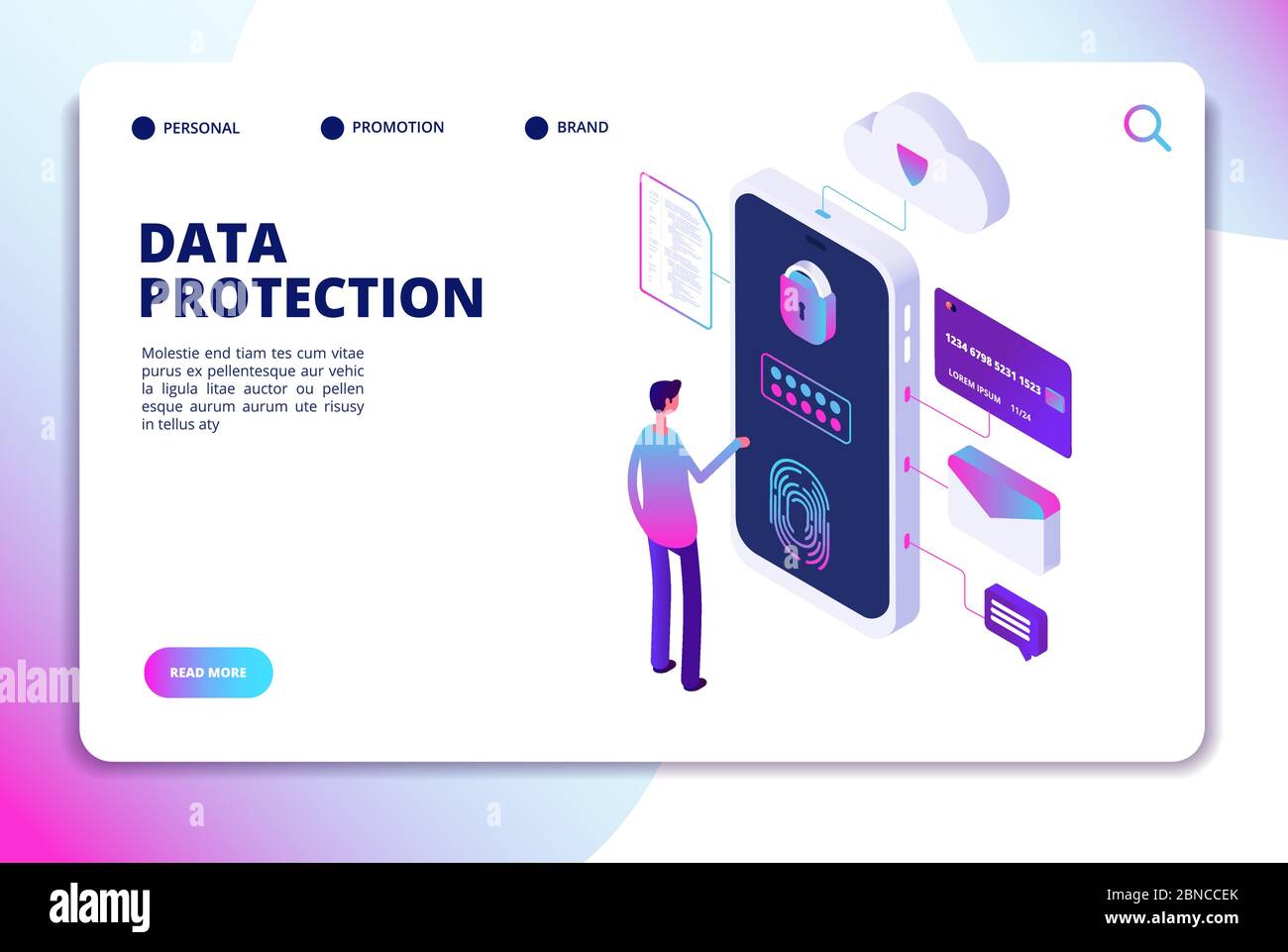 Concetto isometrico di protezione dei dati. Identità personale, sicurezza finanziaria protetta dei documenti. Landing page riservata del vettore commerciale. Tutela e privacy delle identità illustrazione personale Illustrazione Vettoriale