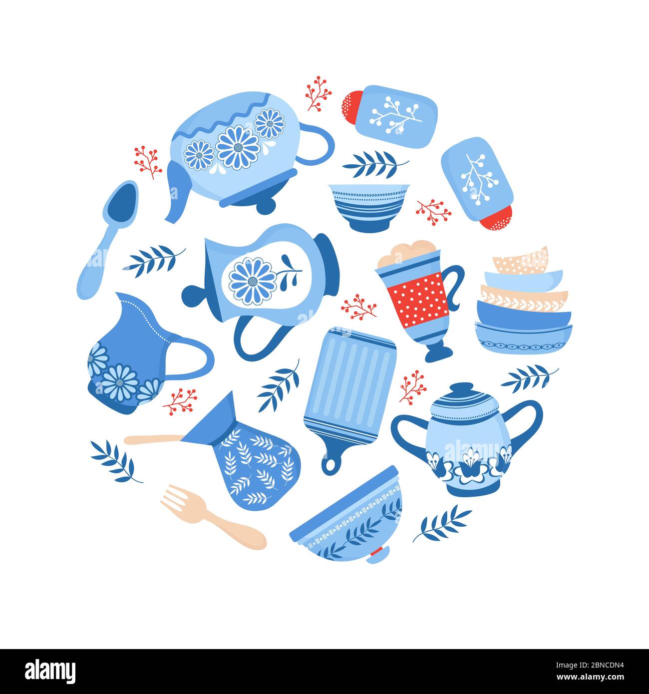 Stoviglie pentole in ceramica. Ciotole, piatti e piatti in porcellana blu isolati su sfondo bianco. Grafica vettoriale di utensili da cucina, stoviglie, stoviglie, utensili e utensili Illustrazione Vettoriale