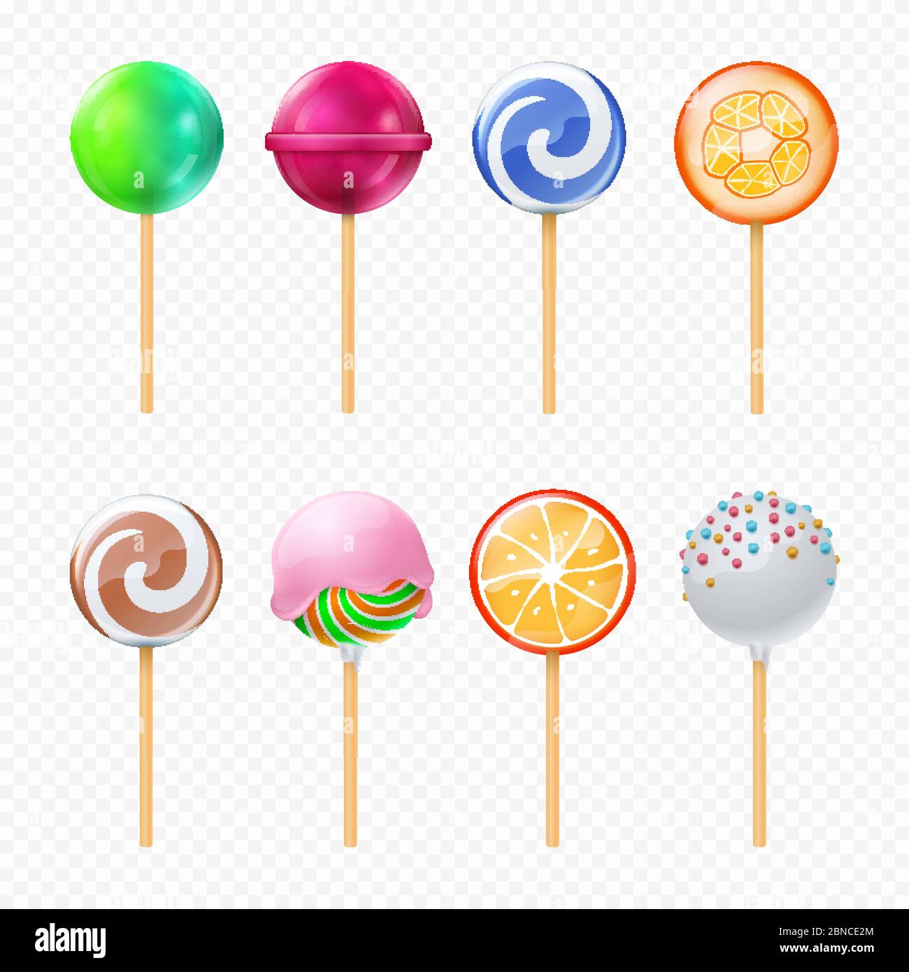 Lollipops vettore realistico isolato su sfondo trasparente. Illustrazione della yummy caramello, collezione di spirali forma colorata Illustrazione Vettoriale