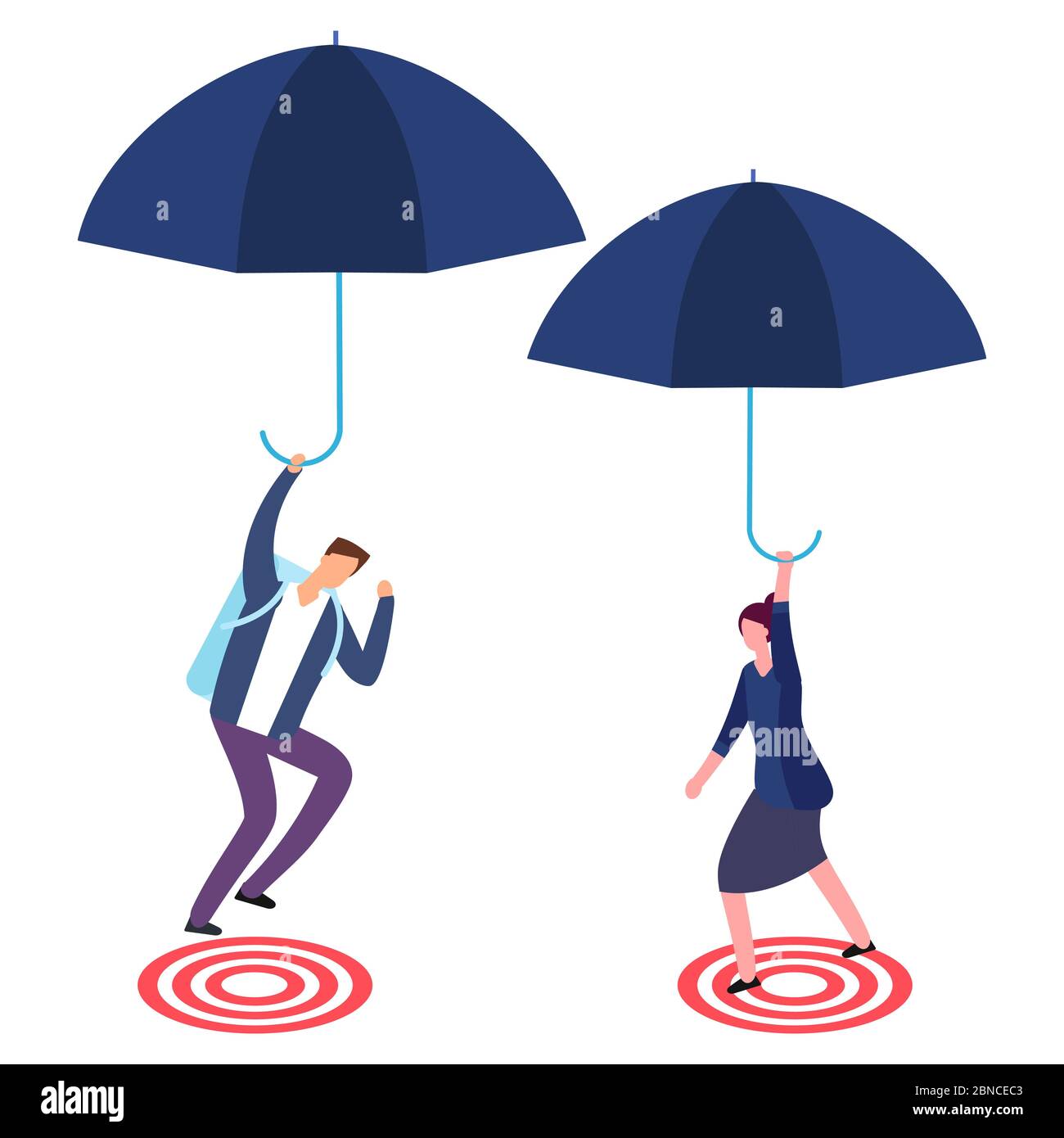 Uomo d'affari e donna d'affari con ombrello che punta sul bersaglio. Concetto di business rischioso, successo e vettore di focalizzazione. Illustrazione dell'obiettivo aziendale Illustrazione Vettoriale