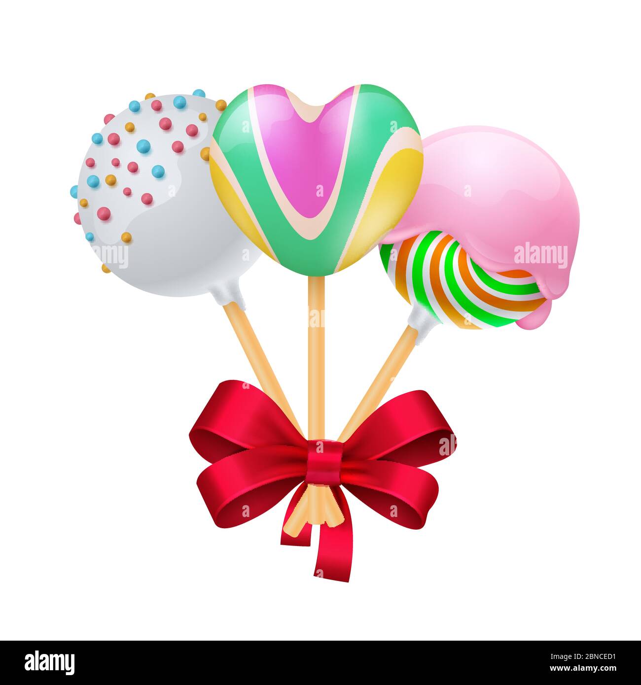 Dolce regalo con archetto rosso realistico. Candies vettoriali e arco isolato su sfondo bianco. Illustrazione di caramelle dolci con fiocco di nastro per regalo Illustrazione Vettoriale