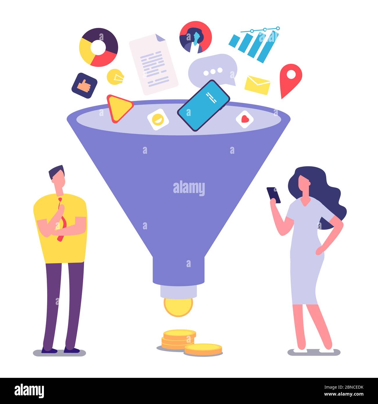 Imbuto di vendita. Ottimizzazione e generazione della gestione dei lead. Illustrazione del vettore di conversione della vendita. Marketing imbuto conversione, gestione aziendale Illustrazione Vettoriale