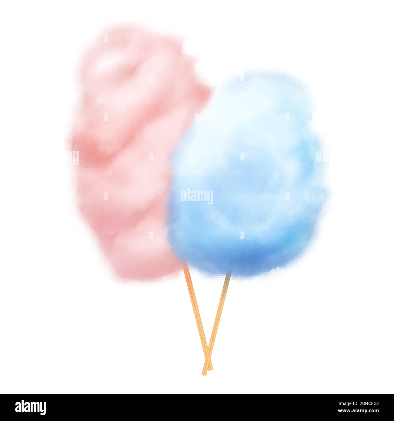 Caramelle in cotone rosa e blu realistiche con illustrazione vettoriale bastone. Snack zucchero da dessert, nube di cotone caramella Illustrazione Vettoriale