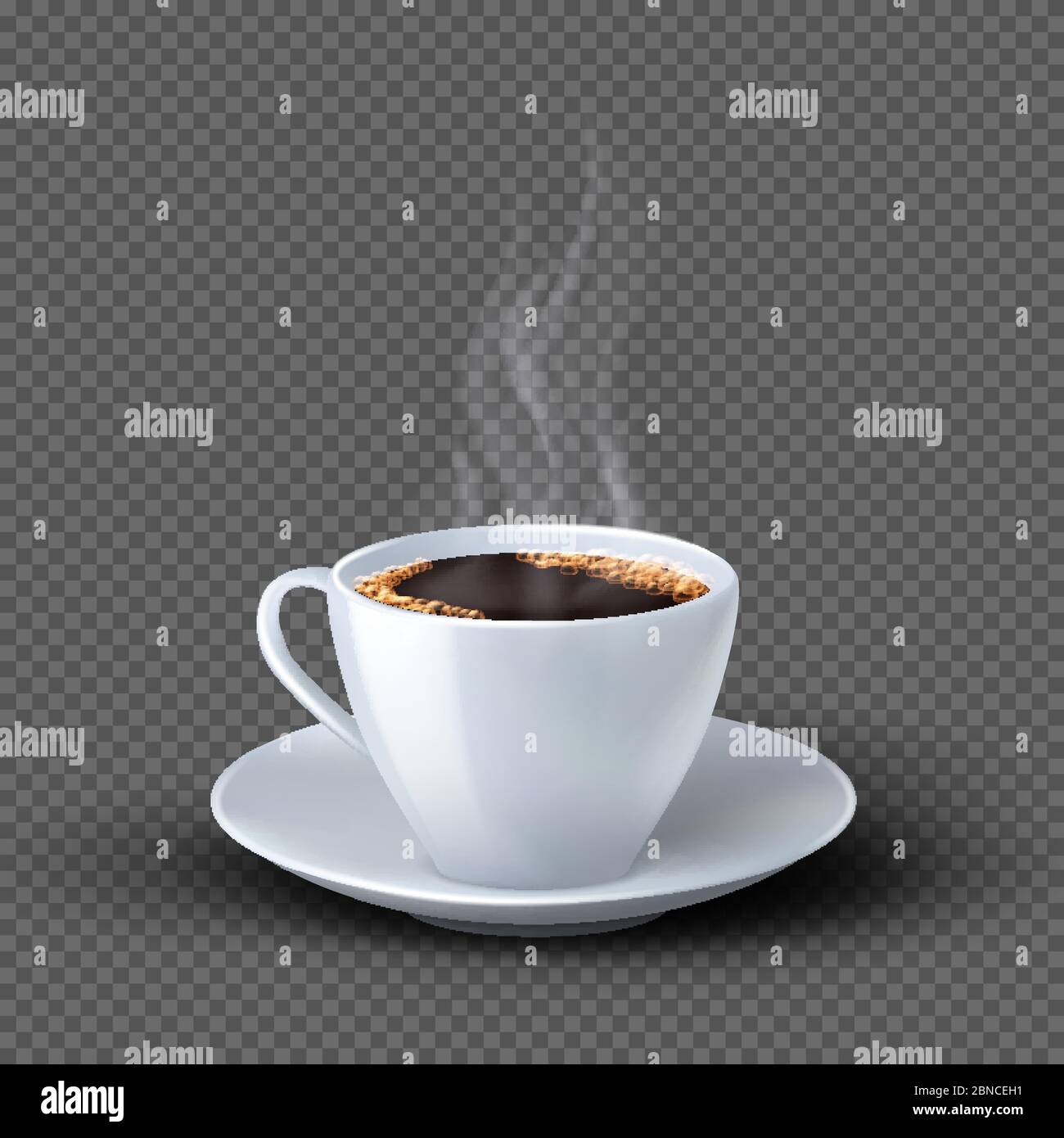 Tazza da caffè bianca e realistica con fumo isolato su sfondo trasparente. Caffè bevande, caffè illustrazione della colazione Illustrazione Vettoriale