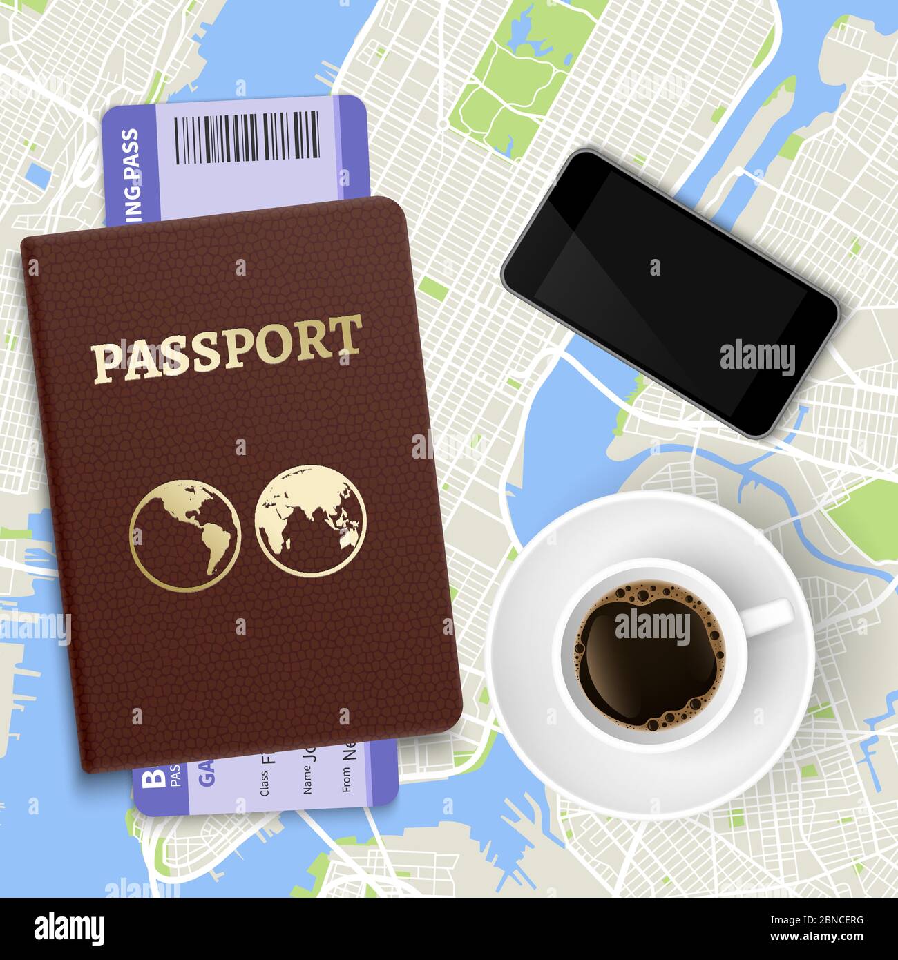 Concetto di vettore di viaggio. Caffè dall'alto, mappa e passaporto con biglietti. Illustrazione di vacanza e viaggio, turismo e viaggio Illustrazione Vettoriale