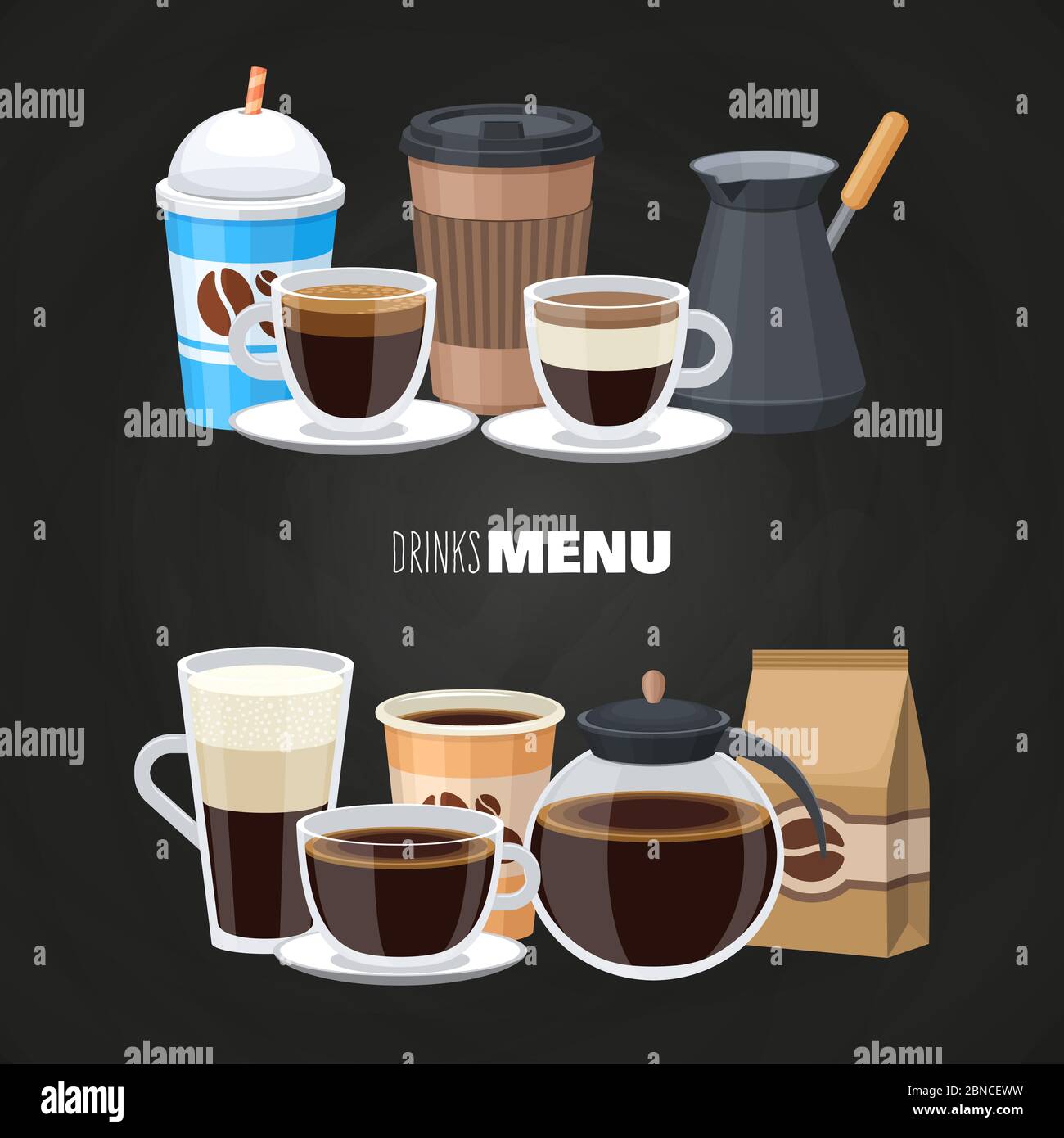 Elementi del menu bevande sulla lavagna - caffetteria vettoriale dal design piatto. Illustrazione di una tazza di caffè, latte e americano Illustrazione Vettoriale