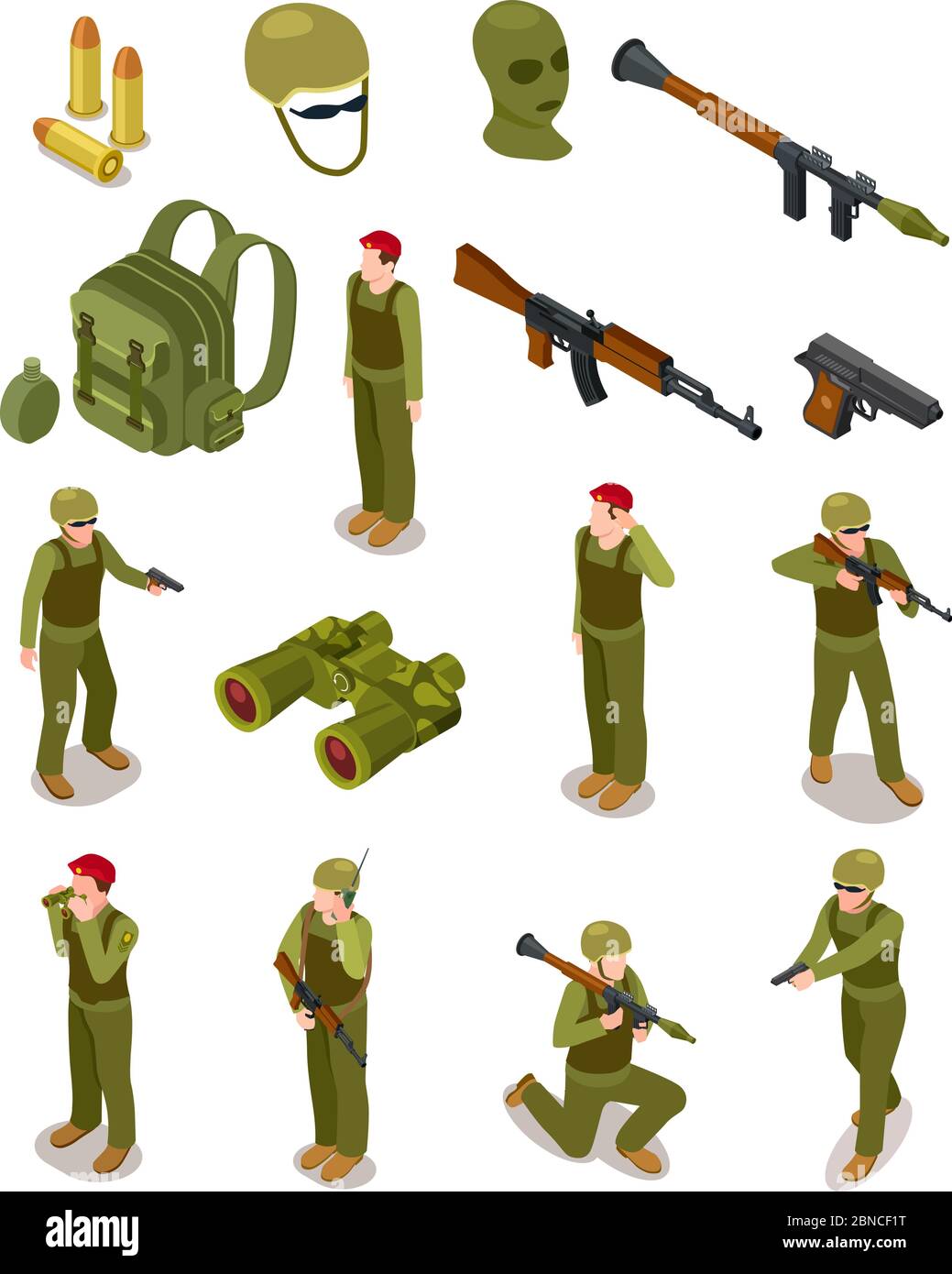 Soldati isometrici. Forze speciali militari, guerrieri in uniforme militare, munizioni e armi. set vettoriale isolato 3d. Illustrazione di un soldato isometrico militare e di un'arma Illustrazione Vettoriale