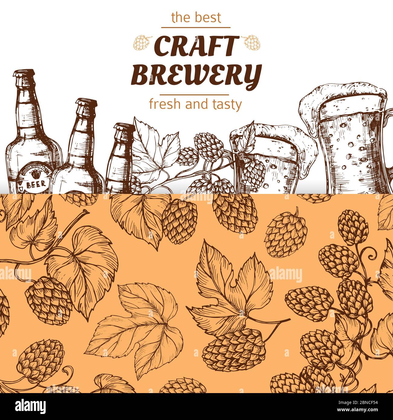Modello banner birrificio artigianale con luppolo e birra disegnati a mano. Illustrazione di birra birra alcol, poster oktoberfest annata Illustrazione Vettoriale