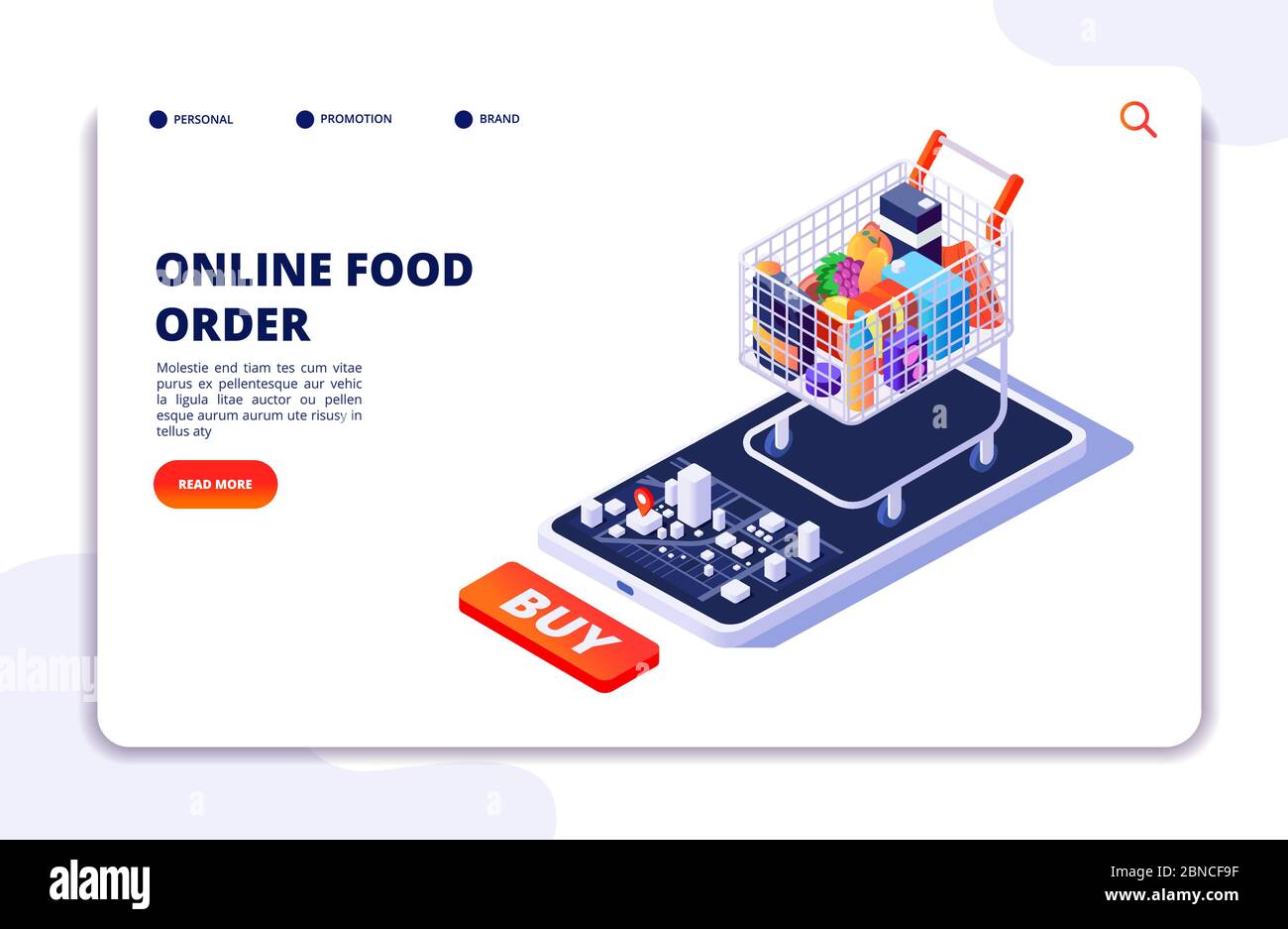 Consegna di generi alimentari. Ordine online con l'app mobile. Internet food ristorante concetto isometrico. Distribuzione isometrica dall'illustrazione del cibo da negozio Illustrazione Vettoriale