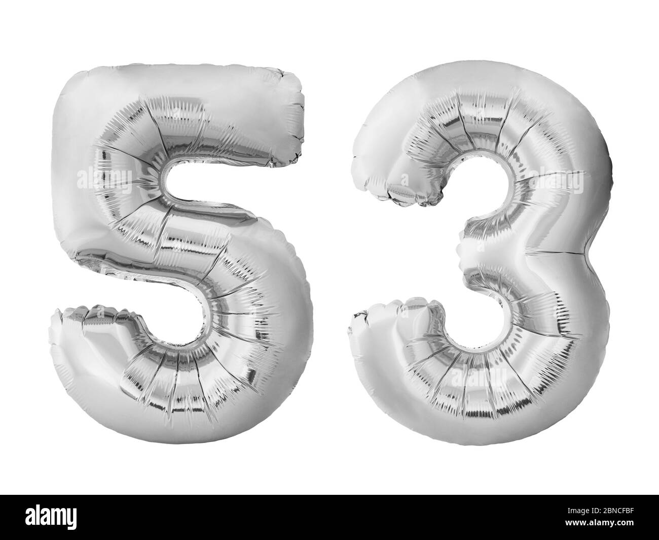 Numero 53 cinquanta tre in palloncini gonfiabili d'argento isolati su sfondo bianco Foto Stock