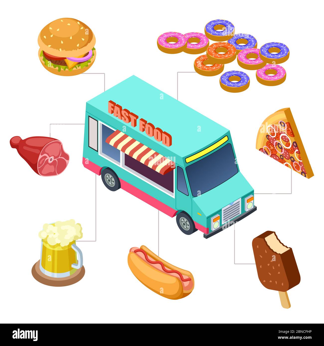 Camion isometrico di fast food, hamburger, ciambelle, birra, elementi vettoriali barbecue. Veicolo strada camion, cibo hamburger e pizza illustrazione Illustrazione Vettoriale