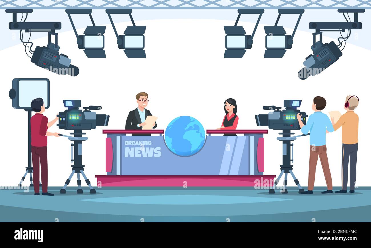 Studio di notizie tv. Relatori che trasmettono con cameraman in televisione. Persone che parlano con la fotocamera in studio. Illustrazione vettoriale. Cameraman team , televisione studio di notizie Illustrazione Vettoriale