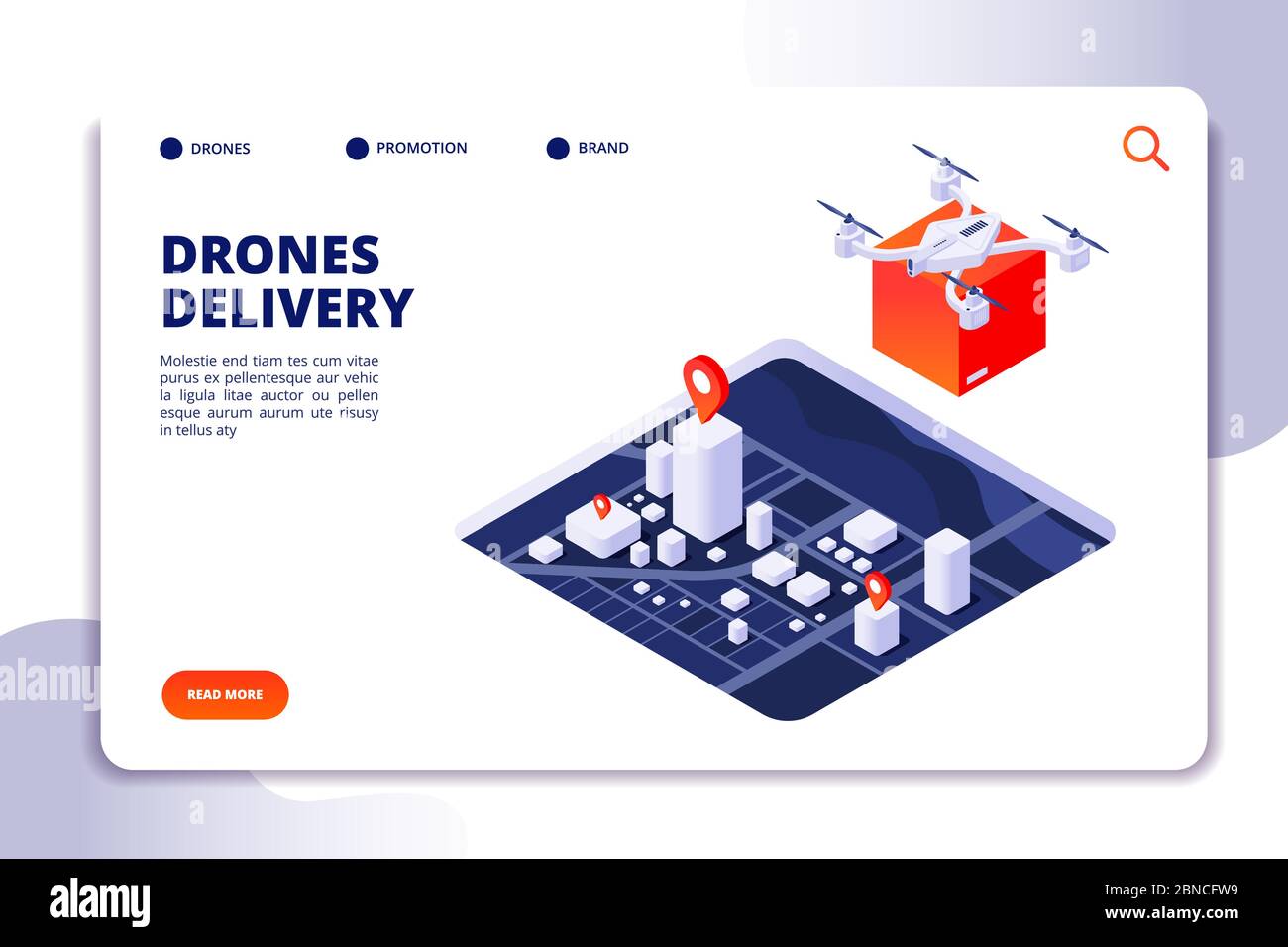 Concetto isometrico logistica droni. Tecnologia di consegna futura, spedizione con droni senza equipaggio e quadricotteri. Consegna del trasporto della pagina di destinazione vettoriale, illustrazione del servizio del drone isometrico Illustrazione Vettoriale