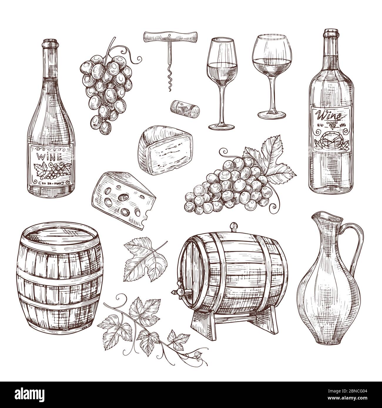 Set di vini. Uva, bottiglie di vino e verricello, barile. Set vettoriale per bevande alcoliche vintage disegnate a mano. Illustrazione di bottiglia, vino e bevande alcoliche Illustrazione Vettoriale