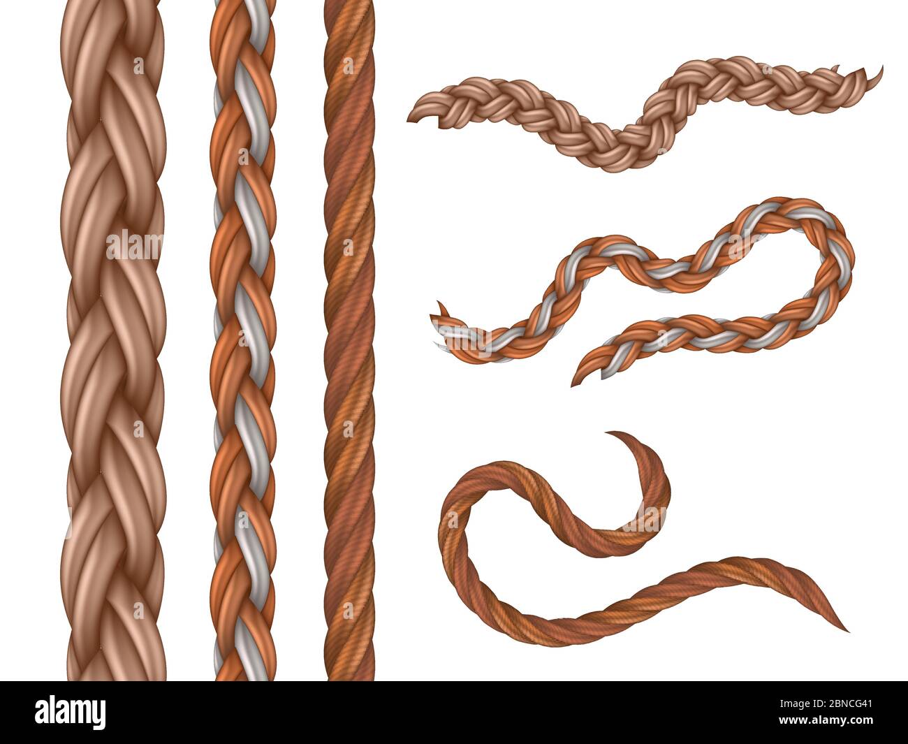 Cavi nautici vettoriali realistici, corde senza giunture isolate su sfondo bianco. Illustrazione di corda e cavo, cavo in fibra, parte di iuta Illustrazione Vettoriale
