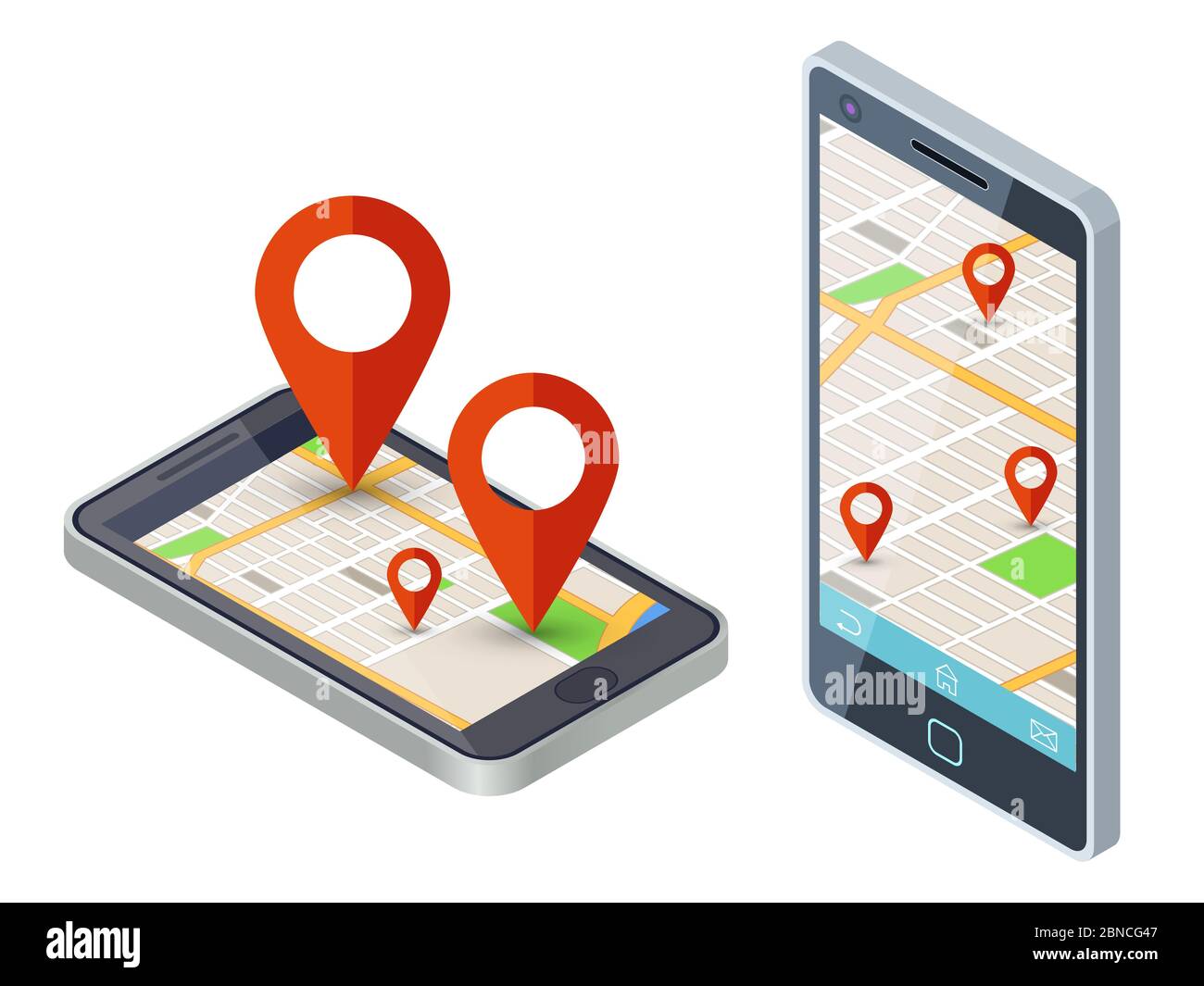 Design vettoriale dell'app per mappe isometriche per la città mobile. Immagine della mappa della città di navigazione sullo smartphone Illustrazione Vettoriale
