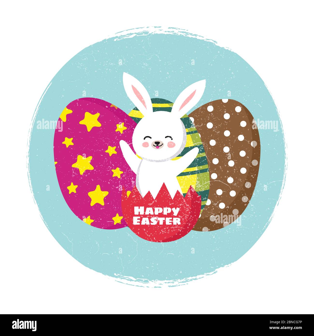 Happy card vettore modello di pasqua con cartone animato coniglietto e uova da colorare isolato su illustrazione bianca Illustrazione Vettoriale