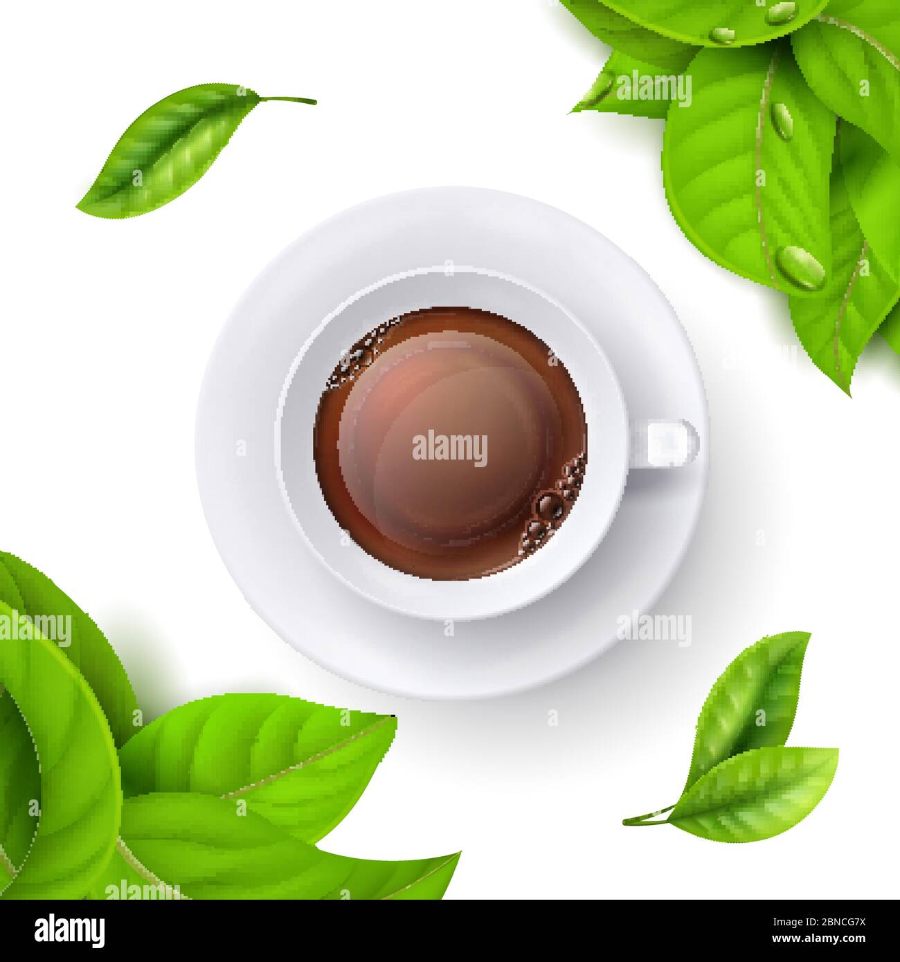 Modello di sfondo del tempo del tè con foglie verdi vettoriali realistiche e tazza di tè con vista dall'alto. Bere in tazza, tè caldo di illustrazione tazza Illustrazione Vettoriale