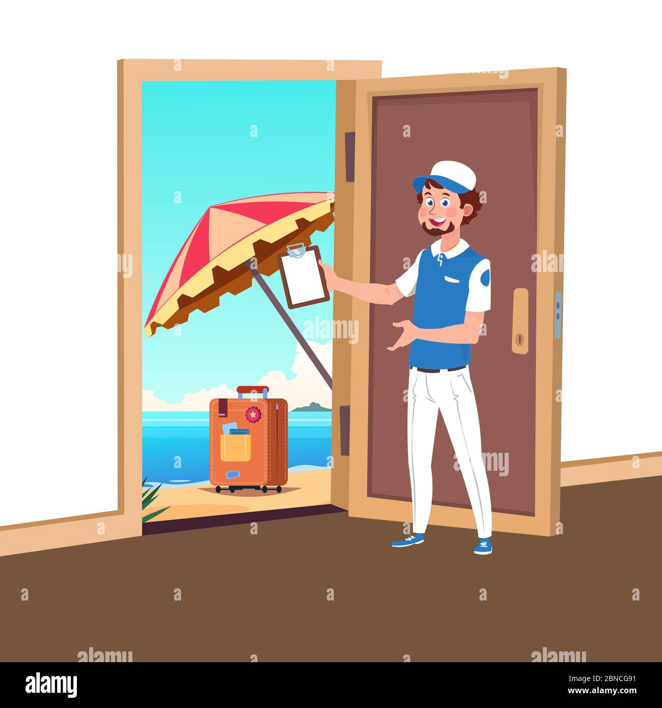Benvenuti al concetto vettore di viaggio con il gestore del turismo e aperto porta alla spiaggia illustrazione Illustrazione Vettoriale