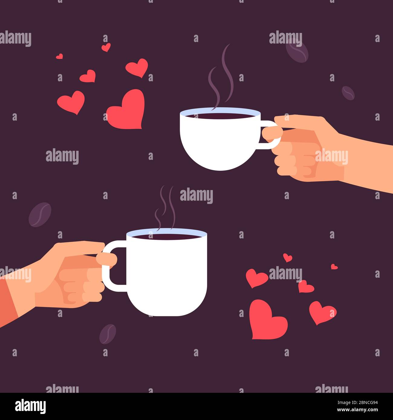 Il concetto vettoriale degli amanti del caffè, mani con tazze da caffè e cuori. Illustrazione della bevanda di caffè in coppia di mani Illustrazione Vettoriale