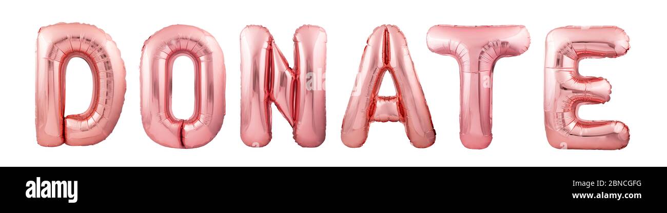 DONARE parola fatta di oro rosa gonfiabile palloncino lettere isolato su sfondo bianco Foto Stock