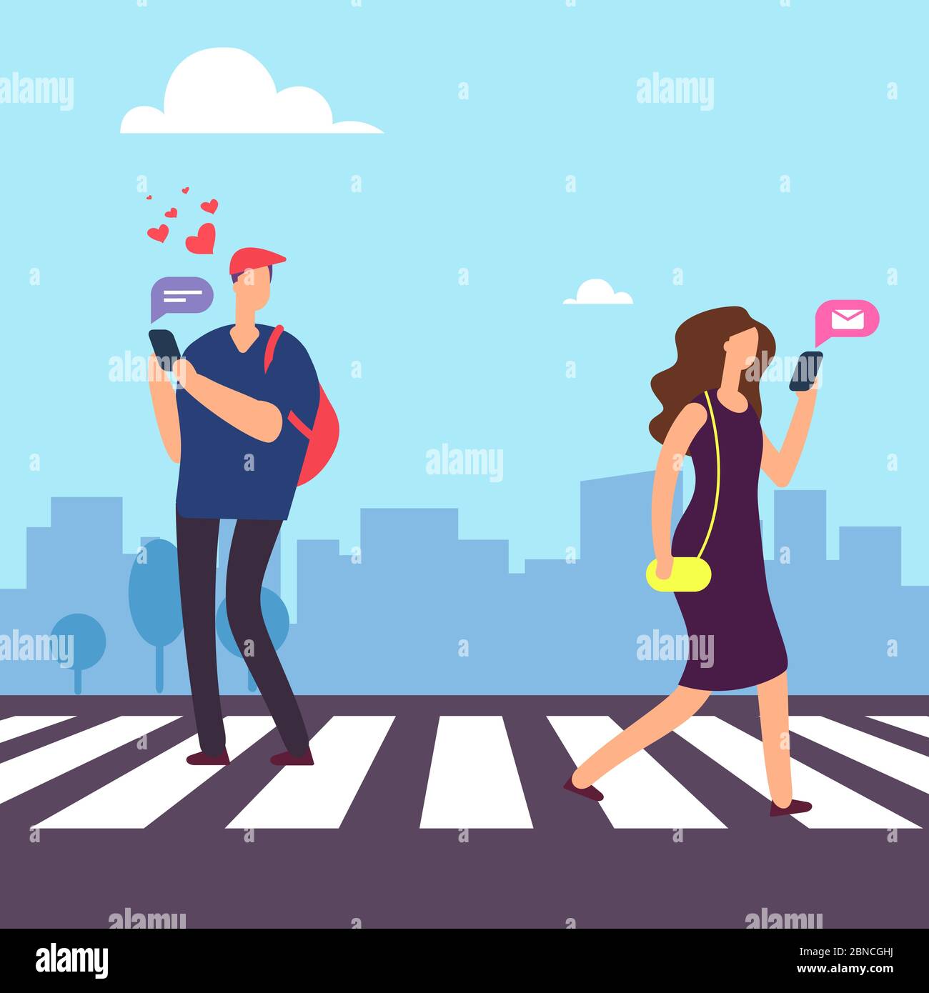 L'uomo del cartone animato cade nell'amore in donna sull'illustrazione del vettore del crosswalk. Uomo e donna cadono amore, gente carattere romantico Illustrazione Vettoriale