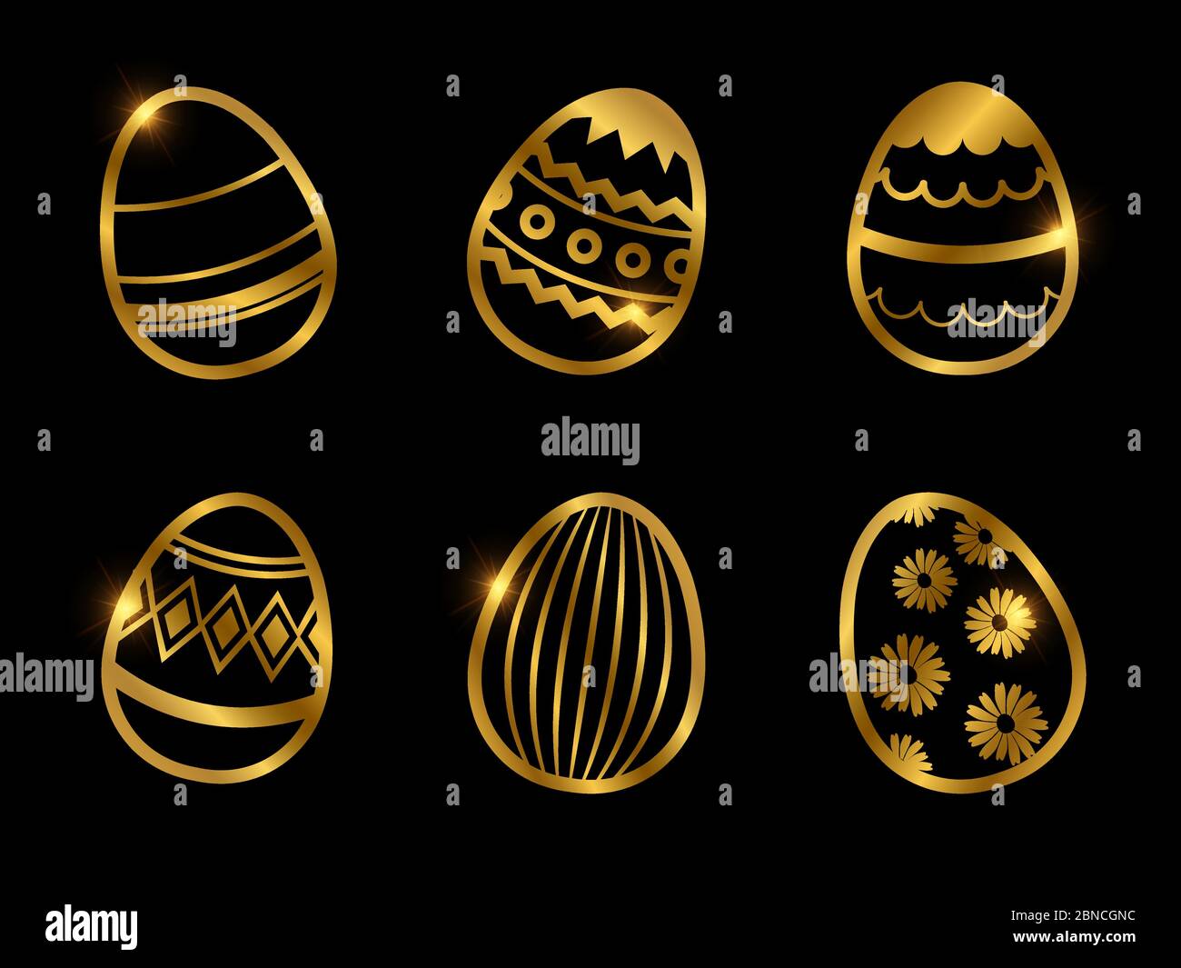 Uova decorative dorate icone isolate su sfondo nero. Illustrazione vettoriale Illustrazione Vettoriale